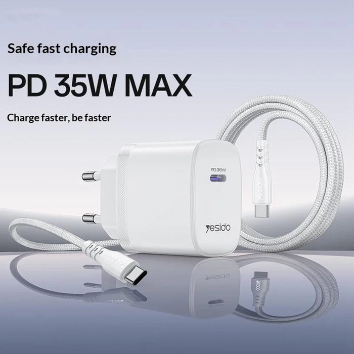 YESIDO YC107 EU Plug PD 35W USB-C Wall Charger Fast Charging Adapter with 1m Type-C Cable for Laptop Phone - White - 2