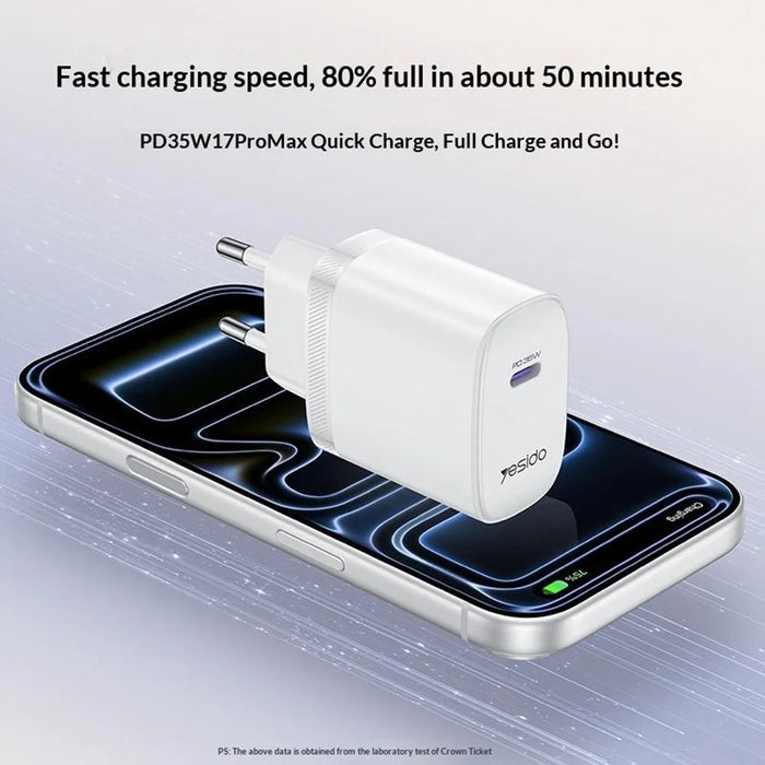 YESIDO YC107 EU Plug PD 35W USB-C Wall Charger Fast Charging Adapter with 1m Type-C Cable for Laptop Phone - White - 4