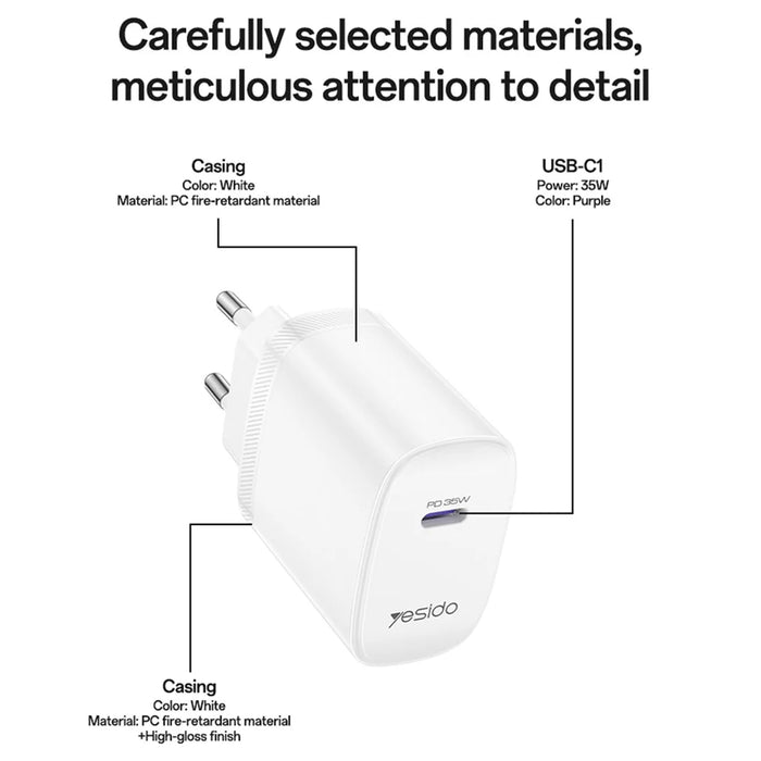 YESIDO YC107 EU Plug PD 35W USB-C Wall Charger Fast Charging Adapter with 1m Type-C Cable for Laptop Phone - White - 7