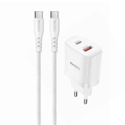 YESIDO YC106 EU Plug PD 20W USB-C + QC 18W USB-A Wall Charger Dual Port Fast Charging Adapter with 1m Type-C Cable - White - 1