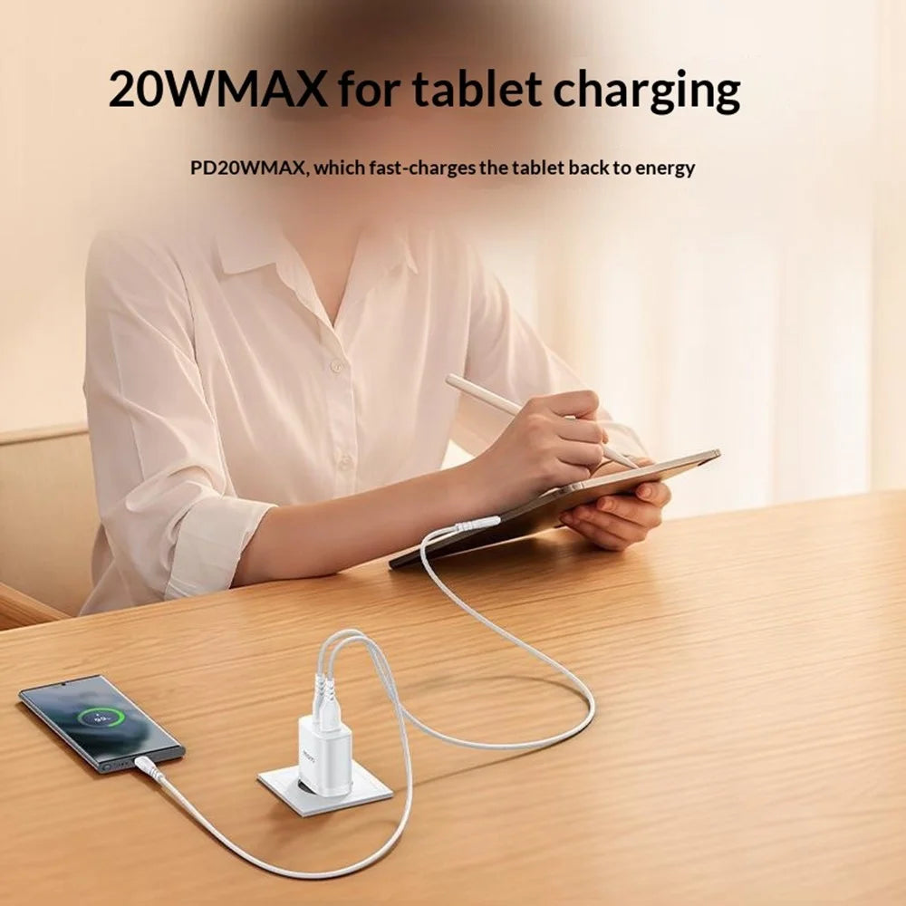 YESIDO YC106 EU Plug PD 20W USB-C + QC 18W USB-A Wall Charger Dual Port Fast Charging Adapter with 1m Type-C Cable - White - 3