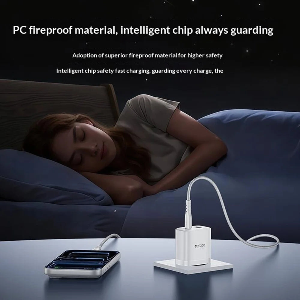 YESIDO YC106 EU Plug PD 20W USB-C + QC 18W USB-A Wall Charger Dual Port Fast Charging Adapter with 1m Type-C Cable - White - 4