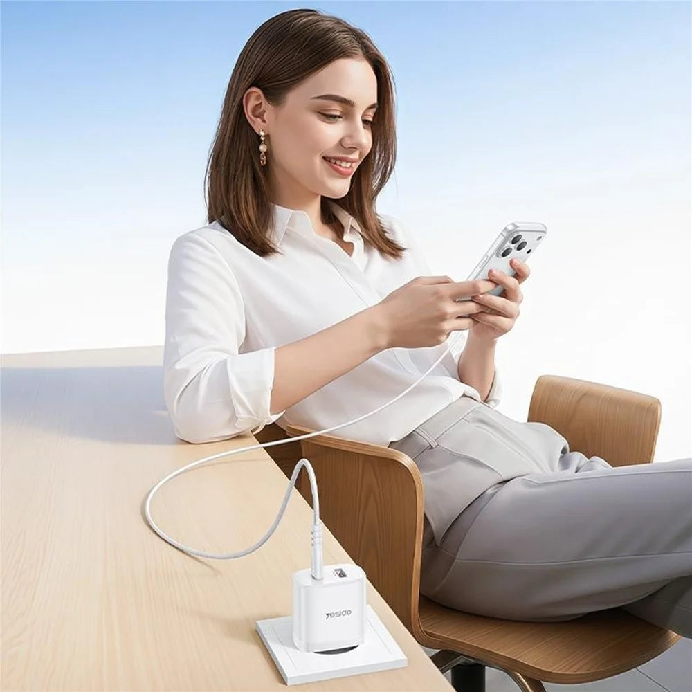 YESIDO YC106 EU Plug PD 20W USB-C + QC 18W USB-A Wall Charger Dual Port Fast Charging Adapter with 1m Type-C Cable - White - 6
