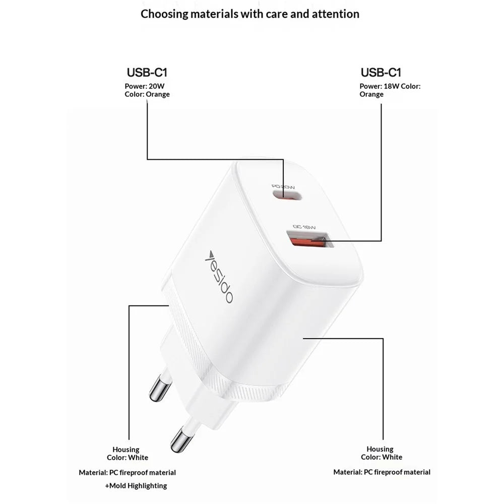 YESIDO YC106 EU Plug PD 20W USB-C + QC 18W USB-A Wall Charger Dual Port Fast Charging Adapter with 1m Type-C Cable - White - 7