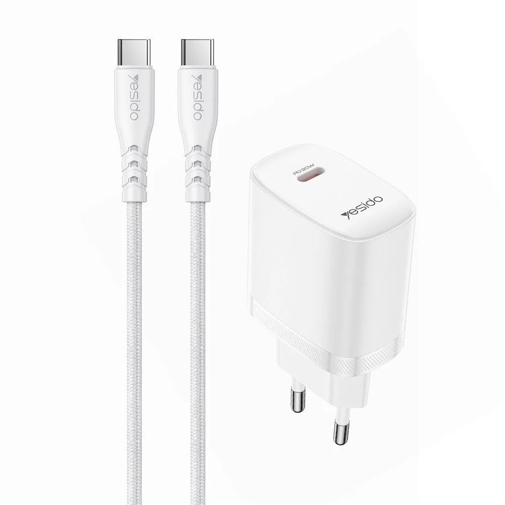 YESIDO YC105 EU Plug PD 20W USB-C Fast Charging Adapter Wall Charger with 1m Type-C Cable for iPhone iPad - White - 1