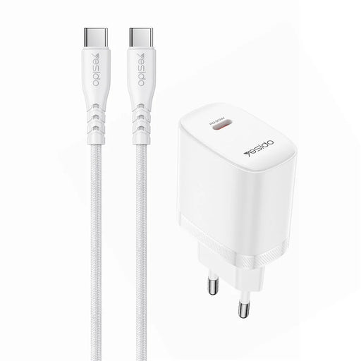 YESIDO YC105 EU Plug PD 20W USB-C Fast Charging Adapter Wall Charger with 1m Type-C Cable for iPhone iPad - White - 1
