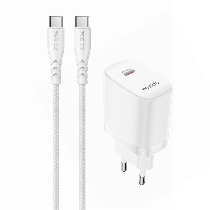 YESIDO YC105 EU Plug PD 20W USB-C Fast Charging Adapter Wall Charger with 1m Type-C Cable for iPhone iPad - White - 1