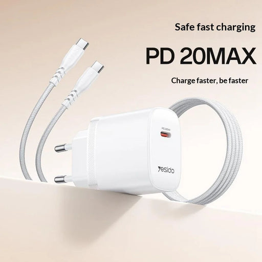 YESIDO YC105 EU Plug PD 20W USB-C Fast Charging Adapter Wall Charger with 1m Type-C Cable for iPhone iPad - White - 2