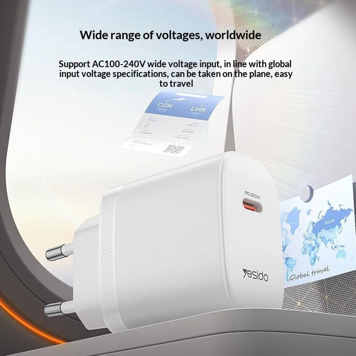YESIDO YC105 EU Plug PD 20W USB-C Fast Charging Adapter Wall Charger with 1m Type-C Cable for iPhone iPad - White - 5