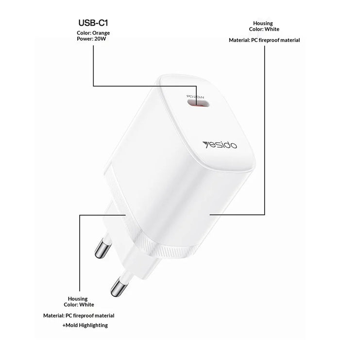 YESIDO YC105 EU Plug PD 20W USB-C Fast Charging Adapter Wall Charger with 1m Type-C Cable for iPhone iPad - White - 7