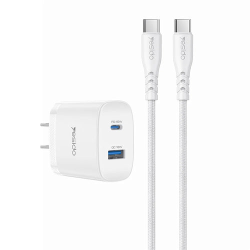YESIDO YC23U US Plug PD 45W USB-C + QC 18W USB-A Wall Charger Dual Port Fast Charging Adapter with 1m Type-C Cable - White - 1