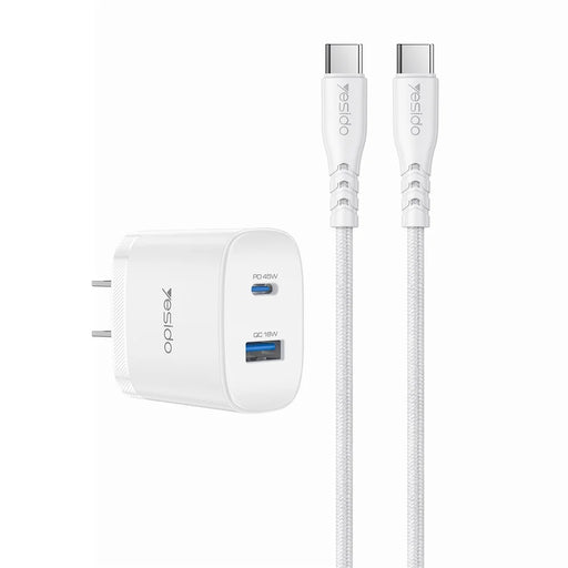 YESIDO YC23U US Plug PD 45W USB-C + QC 18W USB-A Wall Charger Dual Port Fast Charging Adapter with 1m Type-C Cable - White - 1