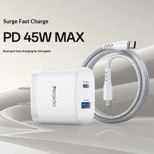 YESIDO YC23U US Plug PD 45W USB-C + QC 18W USB-A Wall Charger Dual Port Fast Charging Adapter with 1m Type-C Cable - White - 2