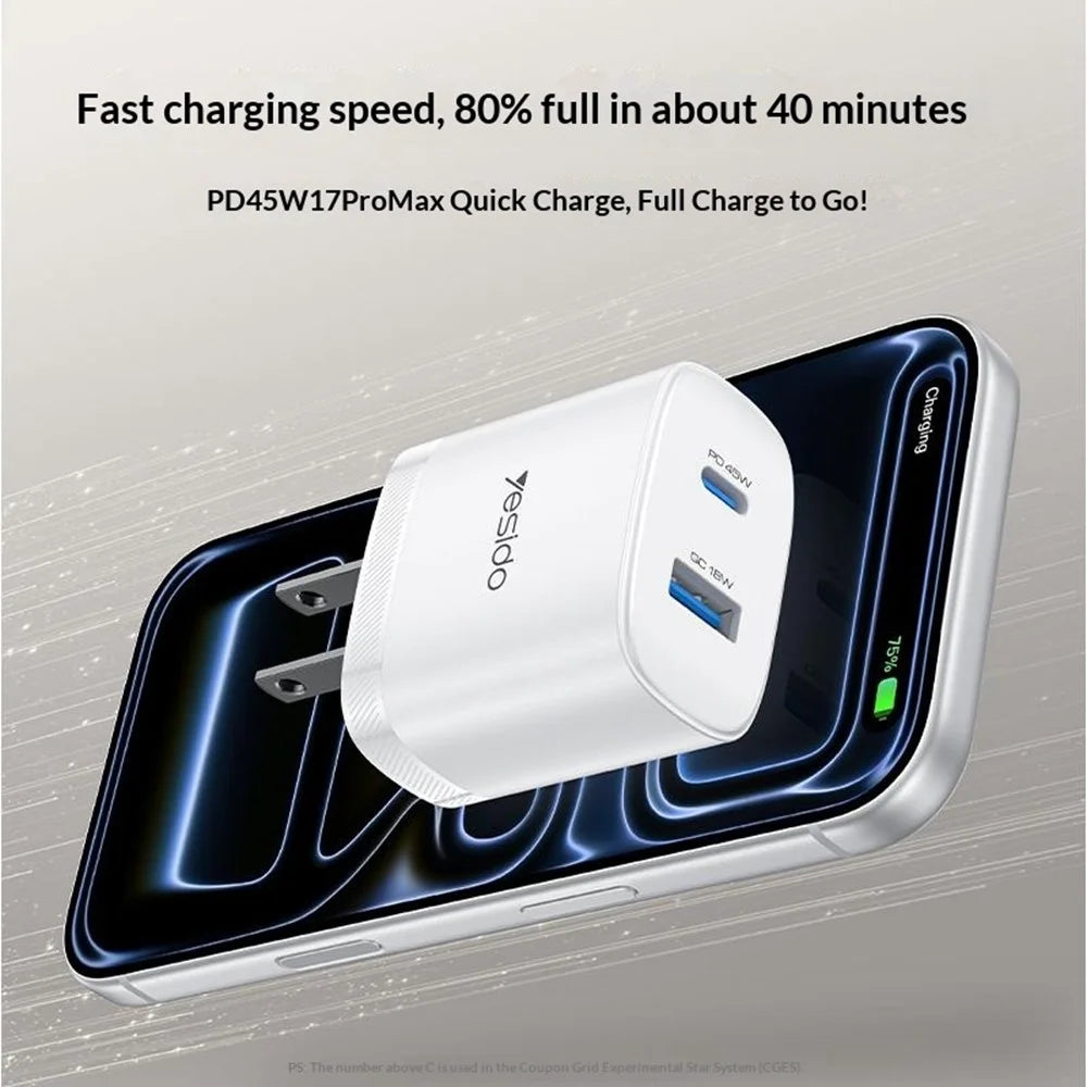 YESIDO YC23U US Plug PD 45W USB-C + QC 18W USB-A Wall Charger Dual Port Fast Charging Adapter with 1m Type-C Cable - White - 4
