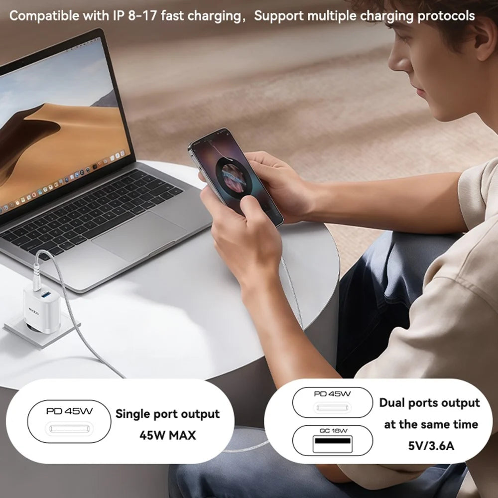 YESIDO YC23U US Plug PD 45W USB-C + QC 18W USB-A Wall Charger Dual Port Fast Charging Adapter with 1m Type-C Cable - White - 6