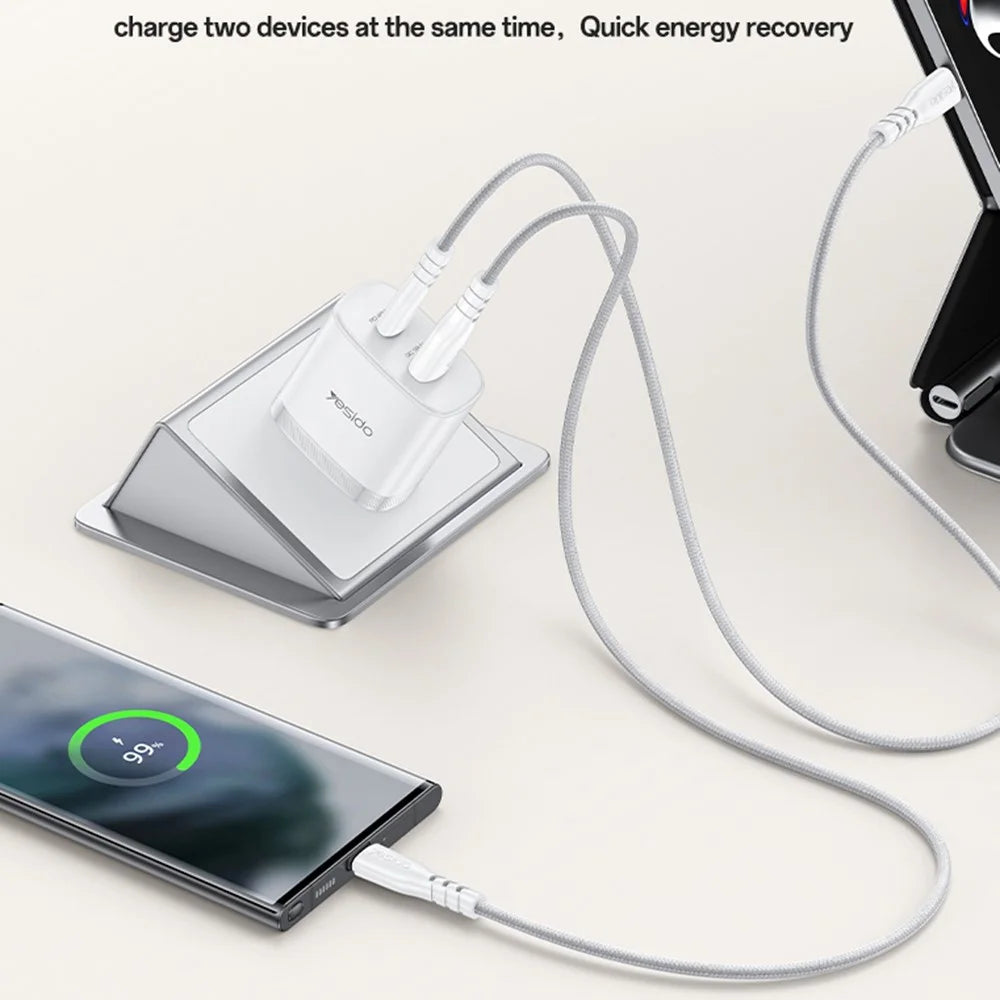YESIDO YC23U US Plug PD 45W USB-C + QC 18W USB-A Wall Charger Dual Port Fast Charging Adapter with 1m Type-C Cable - White - 7