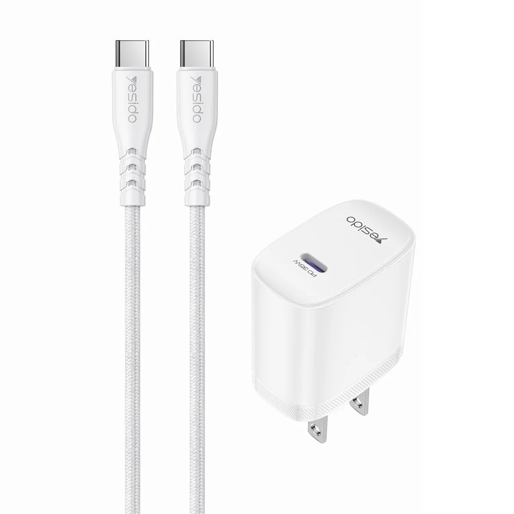 YESIDO YC20U US Plug PD 35W USB-C Wall Charger Fast Charging Adapter with 1m Type-C Cable for Laptop Phone - White - 1