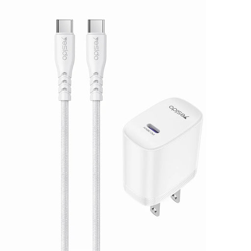 YESIDO YC20U US Plug PD 35W USB-C Wall Charger Fast Charging Adapter with 1m Type-C Cable for Laptop Phone - White - 1