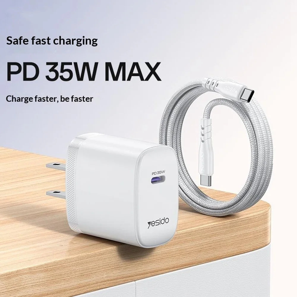 YESIDO YC20U US Plug PD 35W USB-C Wall Charger Fast Charging Adapter with 1m Type-C Cable for Laptop Phone - White - 2