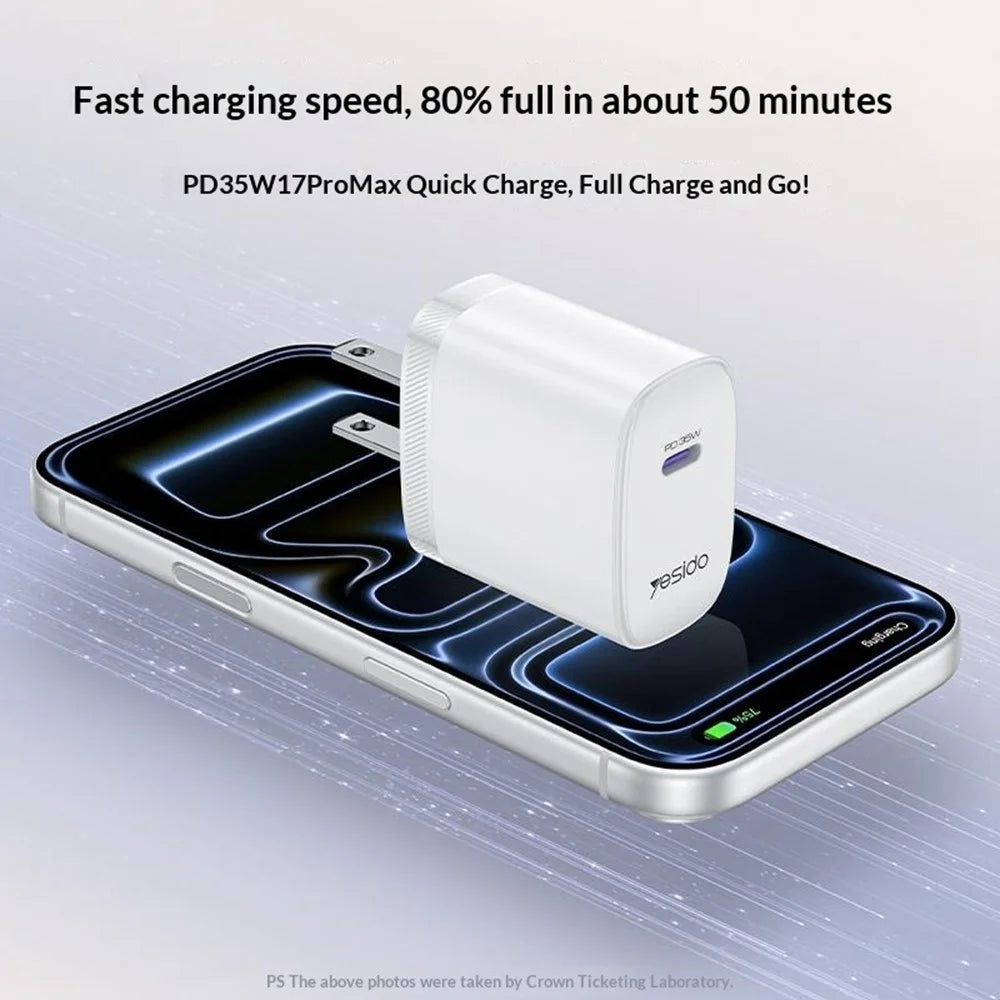 YESIDO YC20U US Plug PD 35W USB-C Wall Charger Fast Charging Adapter with 1m Type-C Cable for Laptop Phone - White - 4