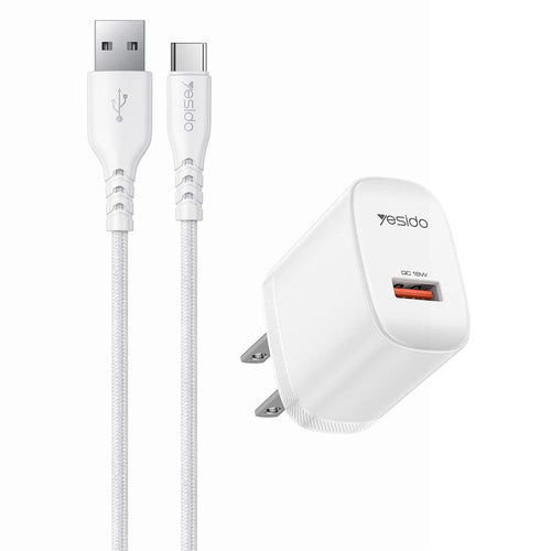 YESIDO YC24U US Plug QC 3.0 18W USB-A Fast Charging Adapter Wall Charger with 1m USB-A to Type-C Cable - White - 1