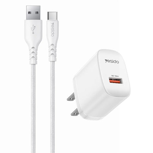 YESIDO YC24U US Plug QC 3.0 18W USB-A Fast Charging Adapter Wall Charger with 1m USB-A to Type-C Cable - White - 1
