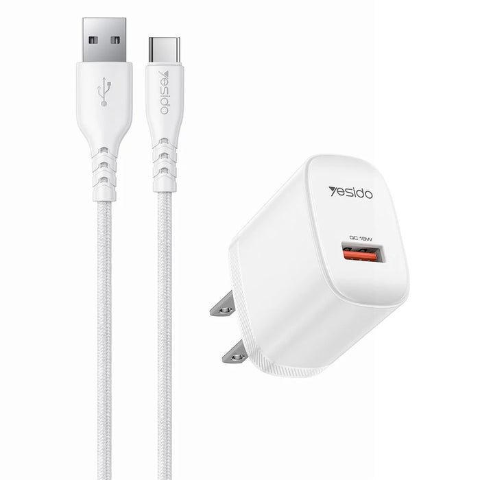 YESIDO YC24U US Plug QC 3.0 18W USB-A Fast Charging Adapter Wall Charger with 1m USB-A to Type-C Cable - White - 1