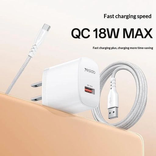YESIDO YC24U US Plug QC 3.0 18W USB-A Fast Charging Adapter Wall Charger with 1m USB-A to Type-C Cable - White - 2