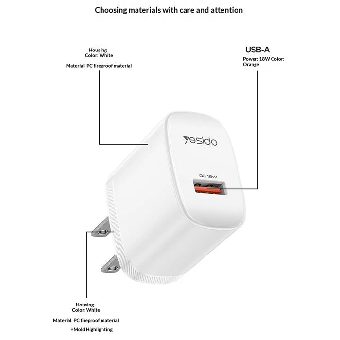 YESIDO YC24U US Plug QC 3.0 18W USB-A Fast Charging Adapter Wall Charger with 1m USB-A to Type-C Cable - White - 7