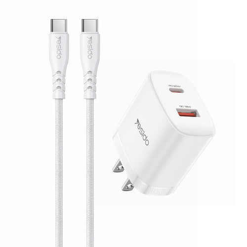 YESIDO YC19U US Plug PD 20W USB-C + QC 18W USB-A Wall Charger Dual Port Fast Charging Adapter with 1m Type-C Cable - White - 1