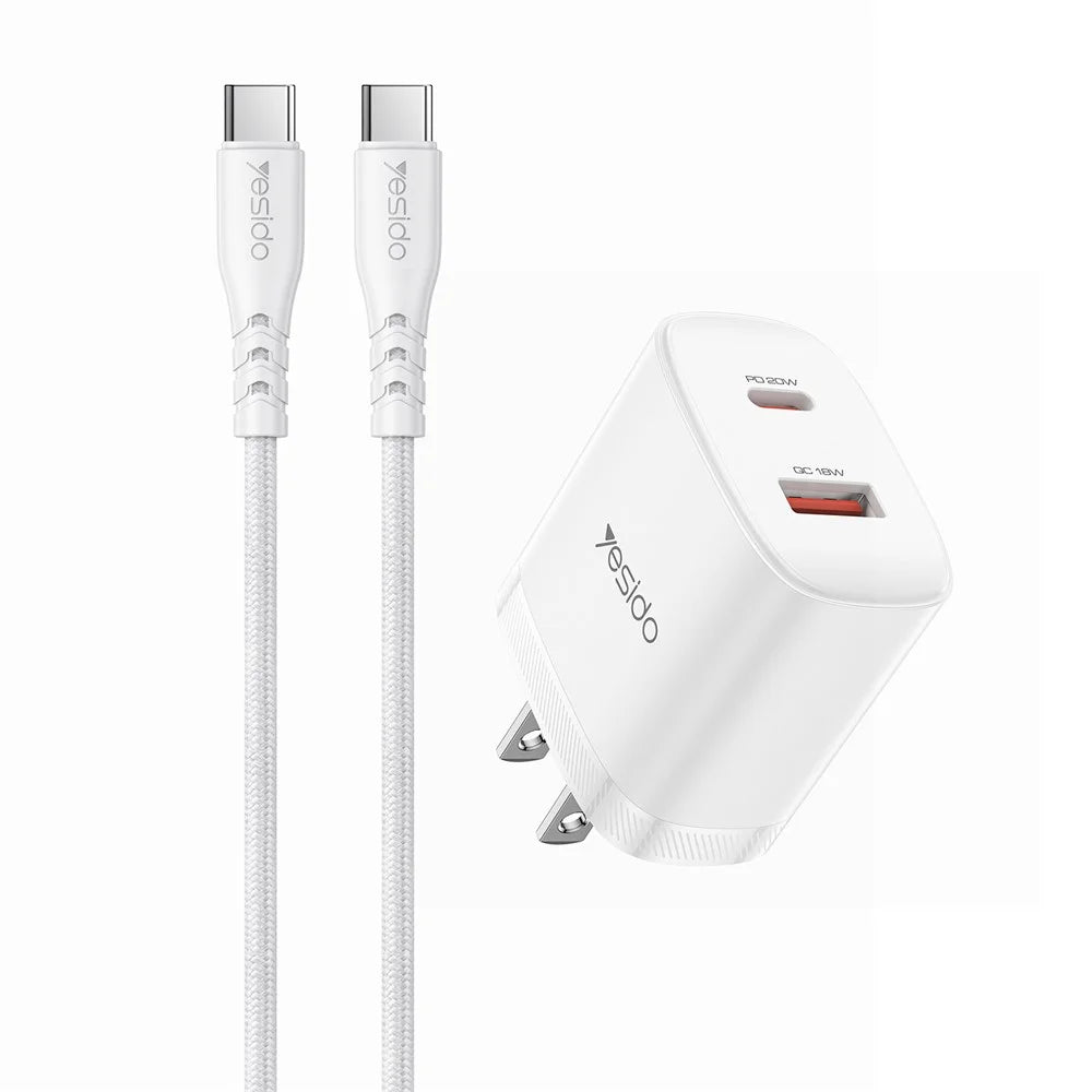YESIDO YC19U US Plug PD 20W USB-C + QC 18W USB-A Wall Charger Dual Port Fast Charging Adapter with 1m Type-C Cable - White - 1