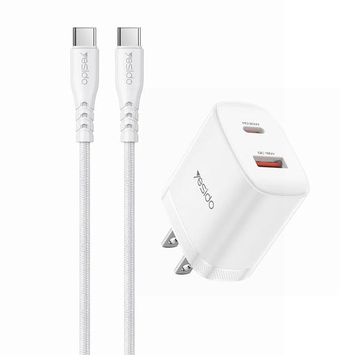 YESIDO YC19U US Plug PD 20W USB-C + QC 18W USB-A Wall Charger Dual Port Fast Charging Adapter with 1m Type-C Cable - White - 1