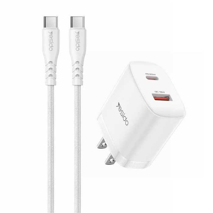 YESIDO YC19U US Plug PD 20W USB-C + QC 18W USB-A Wall Charger Dual Port Fast Charging Adapter with 1m Type-C Cable - White - 1