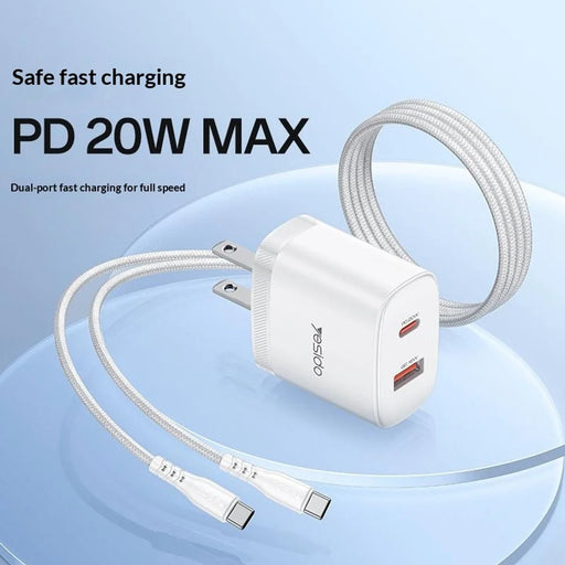 YESIDO YC19U US Plug PD 20W USB-C + QC 18W USB-A Wall Charger Dual Port Fast Charging Adapter with 1m Type-C Cable - White - 2