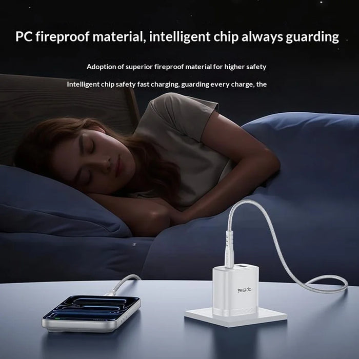 YESIDO YC19U US Plug PD 20W USB-C + QC 18W USB-A Wall Charger Dual Port Fast Charging Adapter with 1m Type-C Cable - White - 4