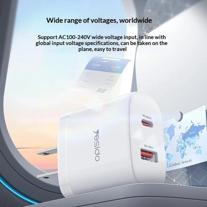 YESIDO YC19U US Plug PD 20W USB-C + QC 18W USB-A Wall Charger Dual Port Fast Charging Adapter with 1m Type-C Cable - White - 5