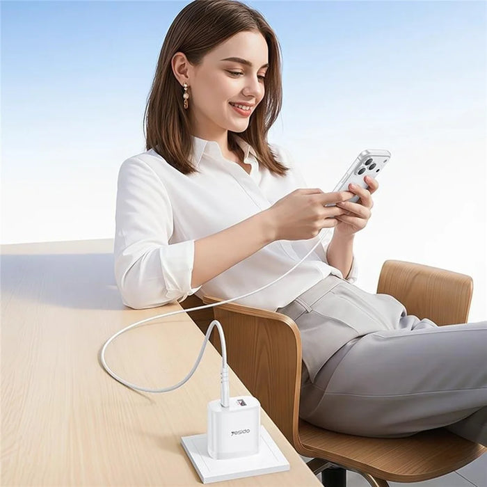 YESIDO YC19U US Plug PD 20W USB-C + QC 18W USB-A Wall Charger Dual Port Fast Charging Adapter with 1m Type-C Cable - White - 6