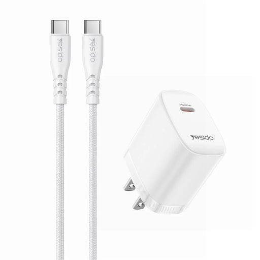 YESIDO YC18U US Plug PD 20W USB-C Fast Charging Adapter Wall Charger with 1m Type-C Cable for iPhone iPad - White - 1