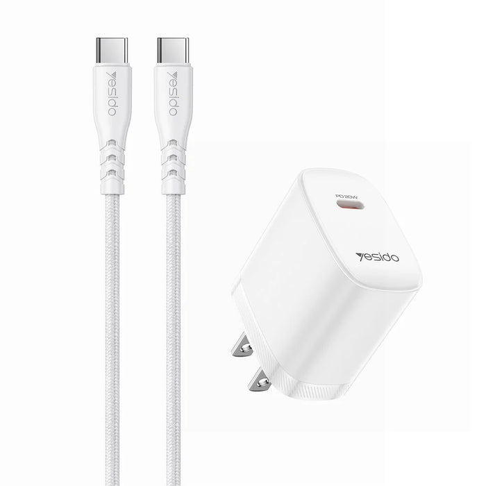 YESIDO YC18U US Plug PD 20W USB-C Fast Charging Adapter Wall Charger with 1m Type-C Cable for iPhone iPad - White - 1