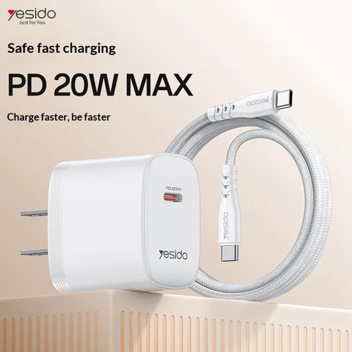 YESIDO YC18U US Plug PD 20W USB-C Fast Charging Adapter Wall Charger with 1m Type-C Cable for iPhone iPad - White - 2
