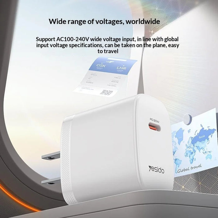 YESIDO YC18U US Plug PD 20W USB-C Fast Charging Adapter Wall Charger with 1m Type-C Cable for iPhone iPad - White - 5