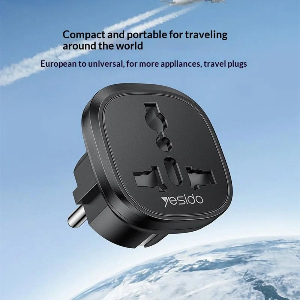 YESIDO MC44 EU Plug to Universal Socket Global Travel Adapter 100V-250V 10A Multi-Country Converter - Black - 2