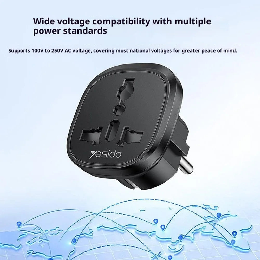 YESIDO MC44 EU Plug to Universal Socket Global Travel Adapter 100V-250V 10A Multi-Country Converter - Black - 4