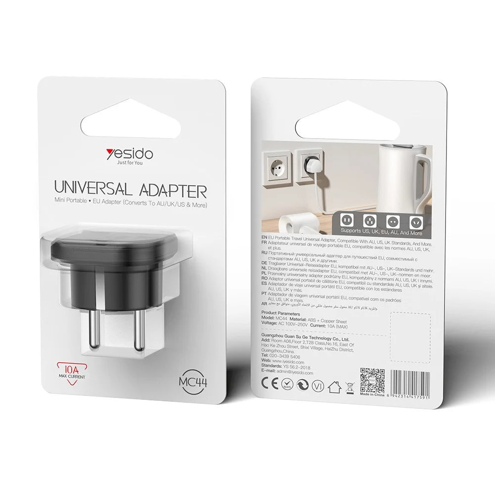 YESIDO MC44 EU Plug to Universal Socket Global Travel Adapter 100V-250V 10A Multi-Country Converter - Black - 6