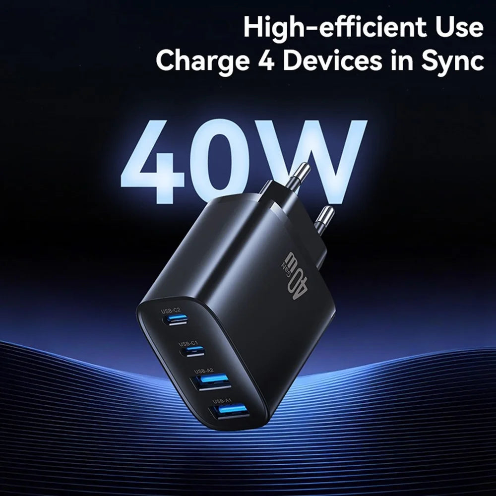 USAMS CC330 T70 2 USB-A + 2 USB-C 4-Port GaN Power Adapter 20W Fast Charger, EU Plug - Black - 3