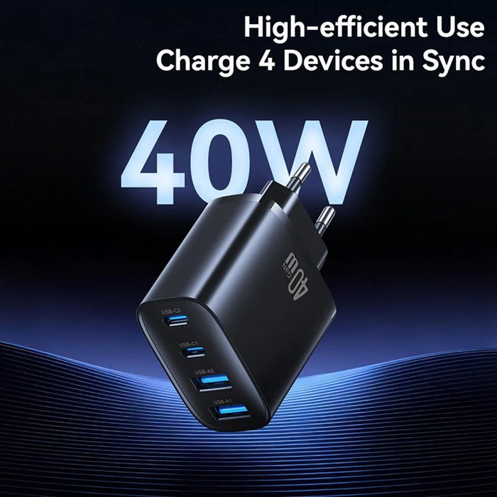 USAMS CC330 T70 2 USB-A + 2 USB-C 4-Port GaN Power Adapter 20W Fast Charger, EU Plug - Black - 3