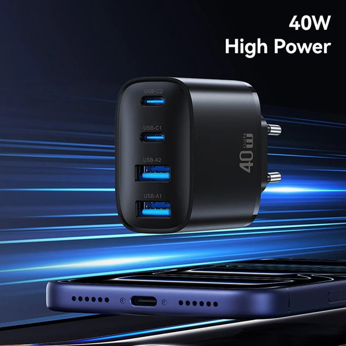 USAMS CC330 T70 2 USB-A + 2 USB-C 4-Port GaN Power Adapter 20W Fast Charger, EU Plug - Black - 5