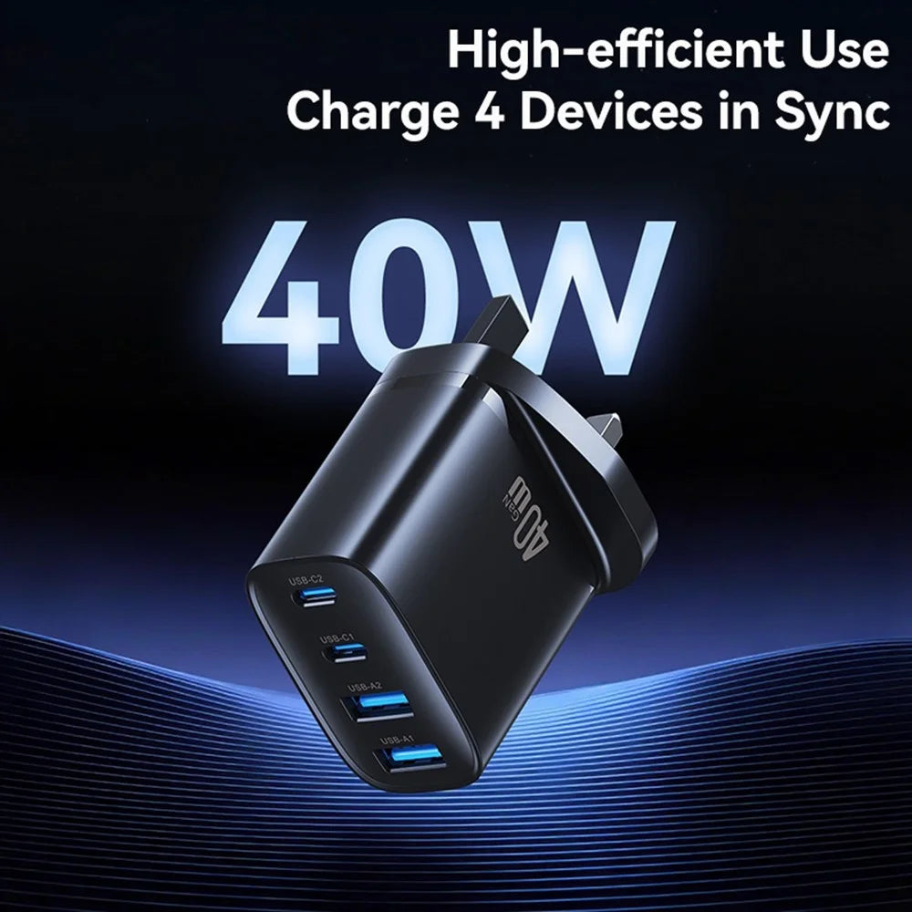 USAMS CC332 T70 2 USB-A + 2 USB-C 4-Port GaN Power Adapter 20W Fast Charger, UK Plug - Black - 3