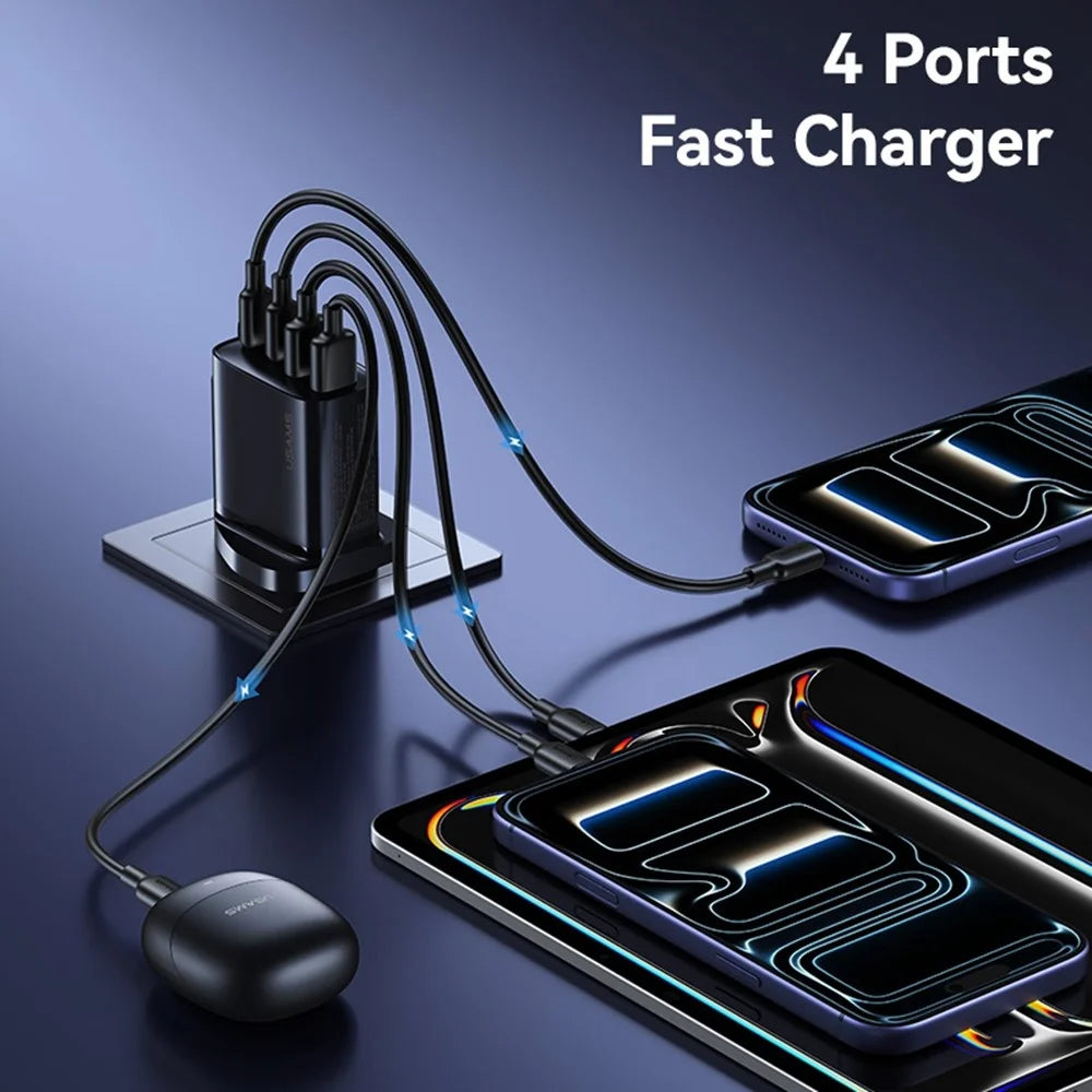 USAMS CC332 T70 2 USB-A + 2 USB-C 4-Port GaN Power Adapter 20W Fast Charger, UK Plug - Black - 4