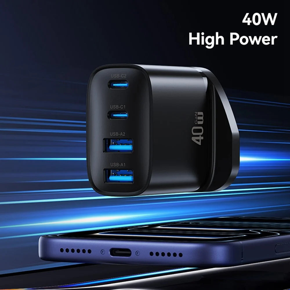 USAMS CC332 T70 2 USB-A + 2 USB-C 4-Port GaN Power Adapter 20W Fast Charger, UK Plug - Black - 5
